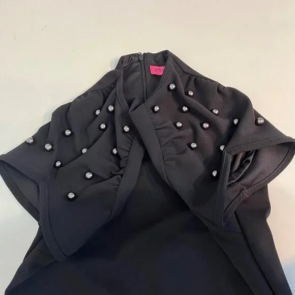 Betsey Johnson Black Sheath Dress Size 4 Faux Tahitian Pearl Fully Lined Crepe - Picture 4 of 10